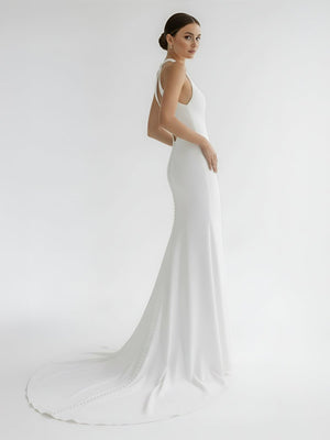 Milena | Simple White Halter Open Back Long Wedding Dress - KissProm