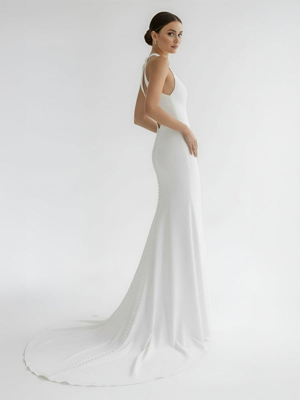 Milena | Simple White Halter Open Back Long Wedding Dress - KissProm