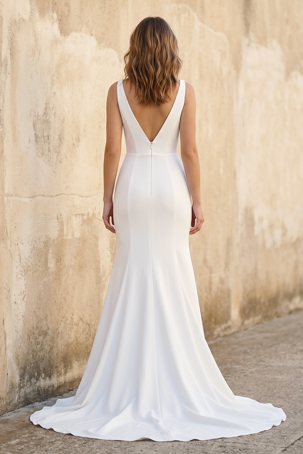 Simple White Mermaid Backless Boho Wedding Dress - KISSPROM