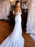 Naya | Simple White Mermaid Off - the - Shoulder Boho Wedding Dress - KissProm