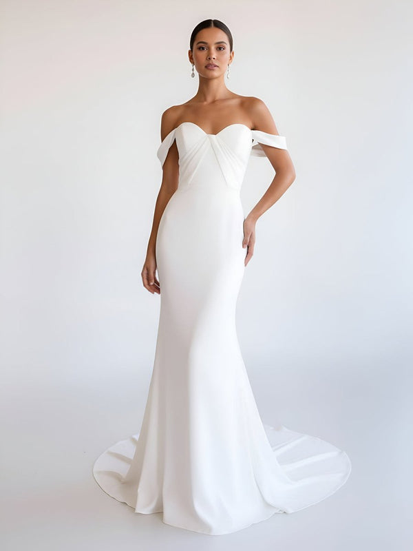 Naya | Simple White Mermaid Off - the - Shoulder Boho Wedding Dress - KissProm