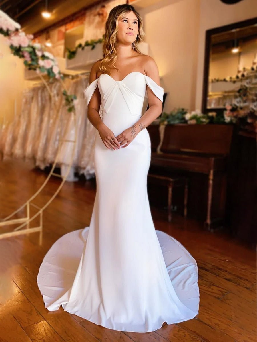 Naya | Simple White Mermaid Off - the - Shoulder Boho Wedding Dress - KissProm