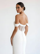 Naya | Simple White Mermaid Off - the - Shoulder Boho Wedding Dress - KissProm
