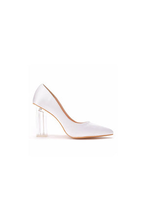 Simple White Pointed Toe Transparent Block Heels - KissProm