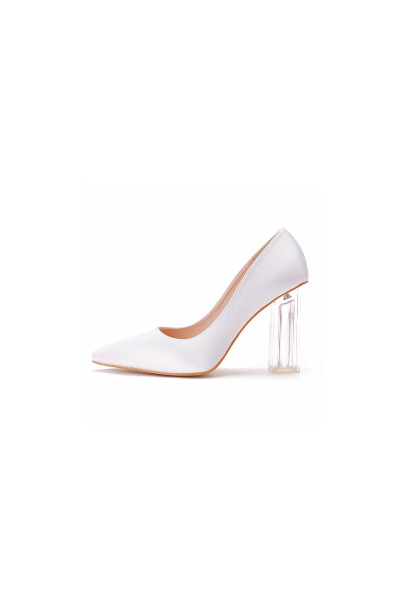 Simple White Pointed Toe Transparent Block Heels - KissProm