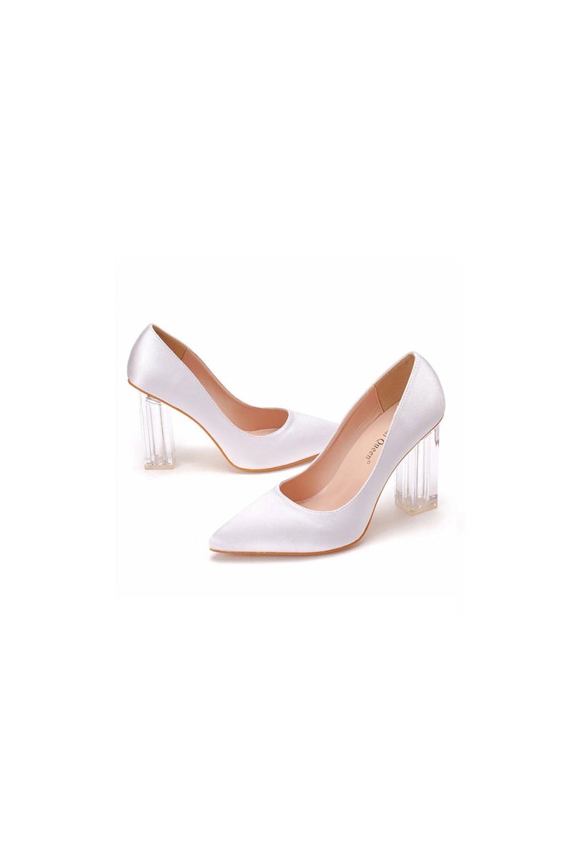 Simple White Pointed Toe Transparent Block Heels - KissProm