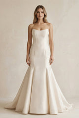 Simpled Strapless Mermaid Satin Wedding Dress in Ivory - KissProm Wedding Dresses