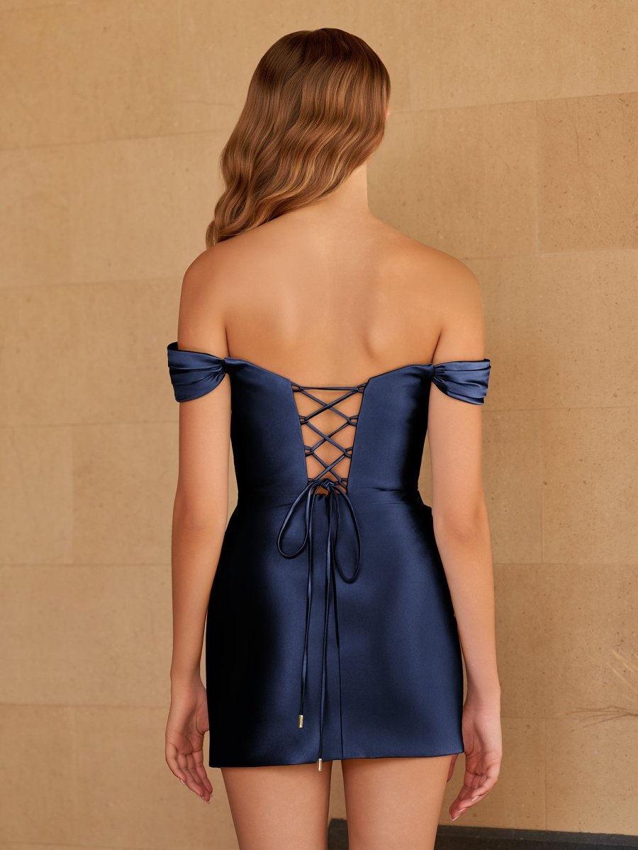 Sira | Navy Blue - Bodycon Satin Off the Shoulder Homecoming Dresses with Beads - KissProm
