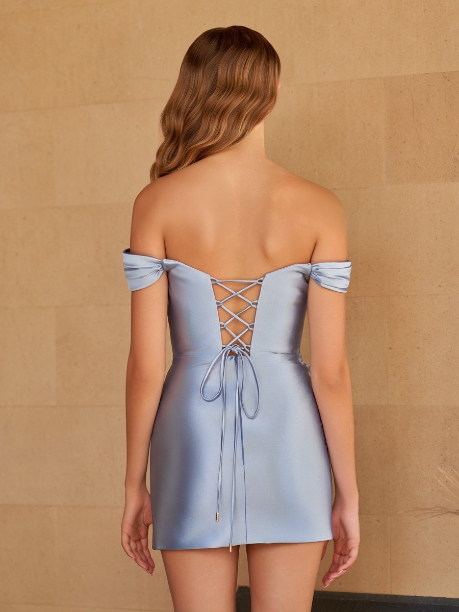 Sira | Dusty Blue - Bodycon Satin Off the Shoulder Homecoming Dresses with Beads