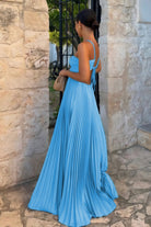 KissProm-Sissone Blue Halter Pleated Satin A Line Prom Dresses With Cutout