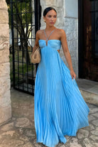 KissProm-Sissone Blue Halter Pleated Satin A Line Prom Dresses With Cutout