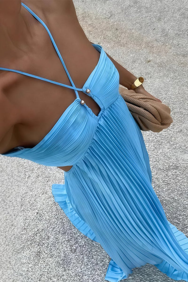 Sky Blue Halter Pleated Satin A Line Prom Dresses With Cutout – Prom Dress by KissProm | Available at KissProm