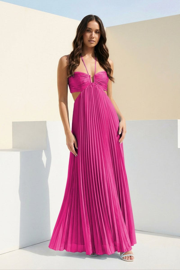 Sky Blue Halter Pleated Satin A Line Prom Dresses With Cutout – Prom Dress by KissProm | Available at KissProm