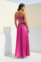 Sissone | Sky Blue - Halter Pleated Satin A Line Prom Dresses With Cutout - KissProm