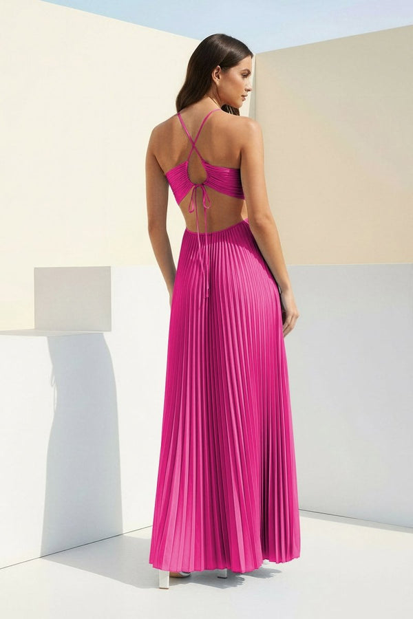 Sky Blue Halter Pleated Satin A Line Prom Dresses With Cutout – Prom Dress by KissProm | Available at KissProm