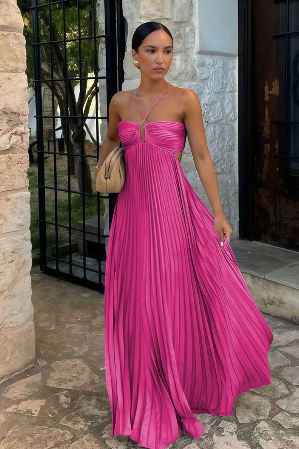 Sky Blue Halter Pleated Satin A Line Prom Dresses With Cutout Sky Blue Halter Pleated Satin A Line Prom Dresses With Cutout
