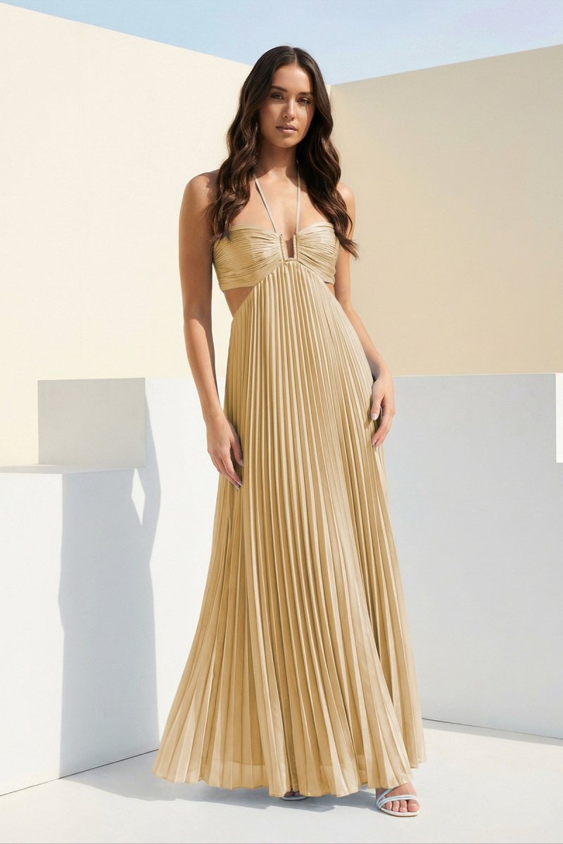 Sissone | Sky Blue - Halter Pleated Satin A Line Prom Dresses With Cutout - KissProm