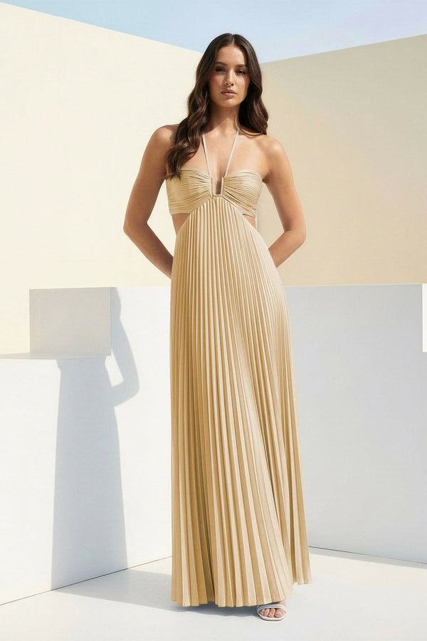 Sky Blue Halter Pleated Satin A Line Prom Dresses With Cutout Yellow / 6