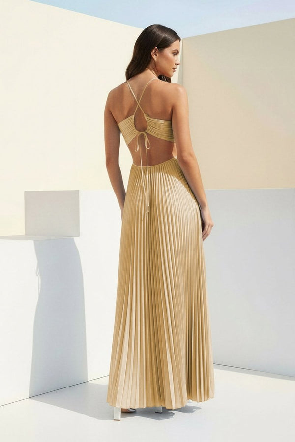 pleated halter maxi dress Sky Blue Halter Pleated Satin A Line Prom Dresses With Cutout Yellow / 6