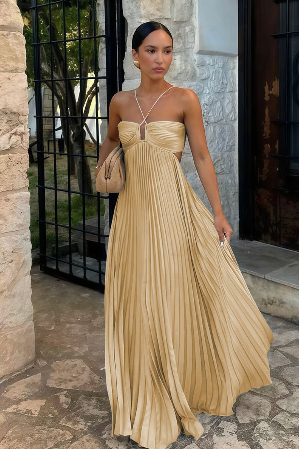 Sky Blue Halter Pleated Satin A Line Prom Dresses With Cutout Gold / 00 Sky Blue Halter Pleated Satin A Line Prom Dresses With Cutout Gold / 00