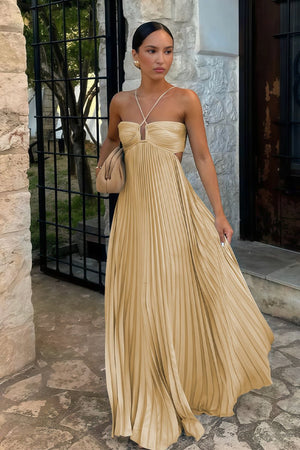 Sky Blue Halter Pleated Satin A Line Prom Dresses With Cutout – Prom Dress by KissProm | Available at KissProm