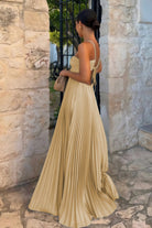 Sissone | Sky Blue - Halter Pleated Satin A Line Prom Dresses With Cutout - KissProm