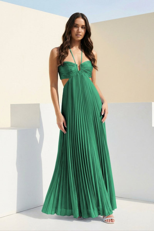 Sky Blue Halter Pleated Satin A Line Prom Dresses With Cutout – Prom Dress by KissProm | Available at KissProm