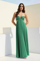 Sissone | Sky Blue - Halter Pleated Satin A Line Prom Dresses With Cutout - KissProm