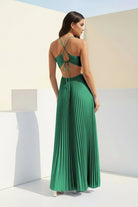 Sissone | Sky Blue - Halter Pleated Satin A Line Prom Dresses With Cutout - KissProm