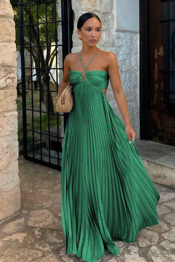 Sky Blue Halter Pleated Satin A Line Prom Dresses With Cutout Sky Blue Halter Pleated Satin A Line Prom Dresses With Cutout