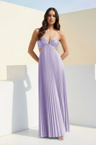 Sissone | Sky Blue - Halter Pleated Satin A Line Prom Dresses With Cutout - KissProm