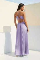 Sissone | Sky Blue - Halter Pleated Satin A Line Prom Dresses With Cutout - KissProm