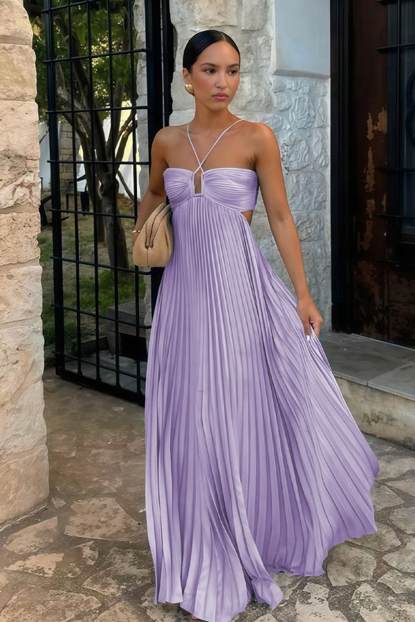 Sky Blue Halter Pleated Satin A Line Prom Dresses With Cutout, Lavender / 8 Sky Blue Halter Pleated Satin A Line Prom Dresses With Cutout, Lavender / 8