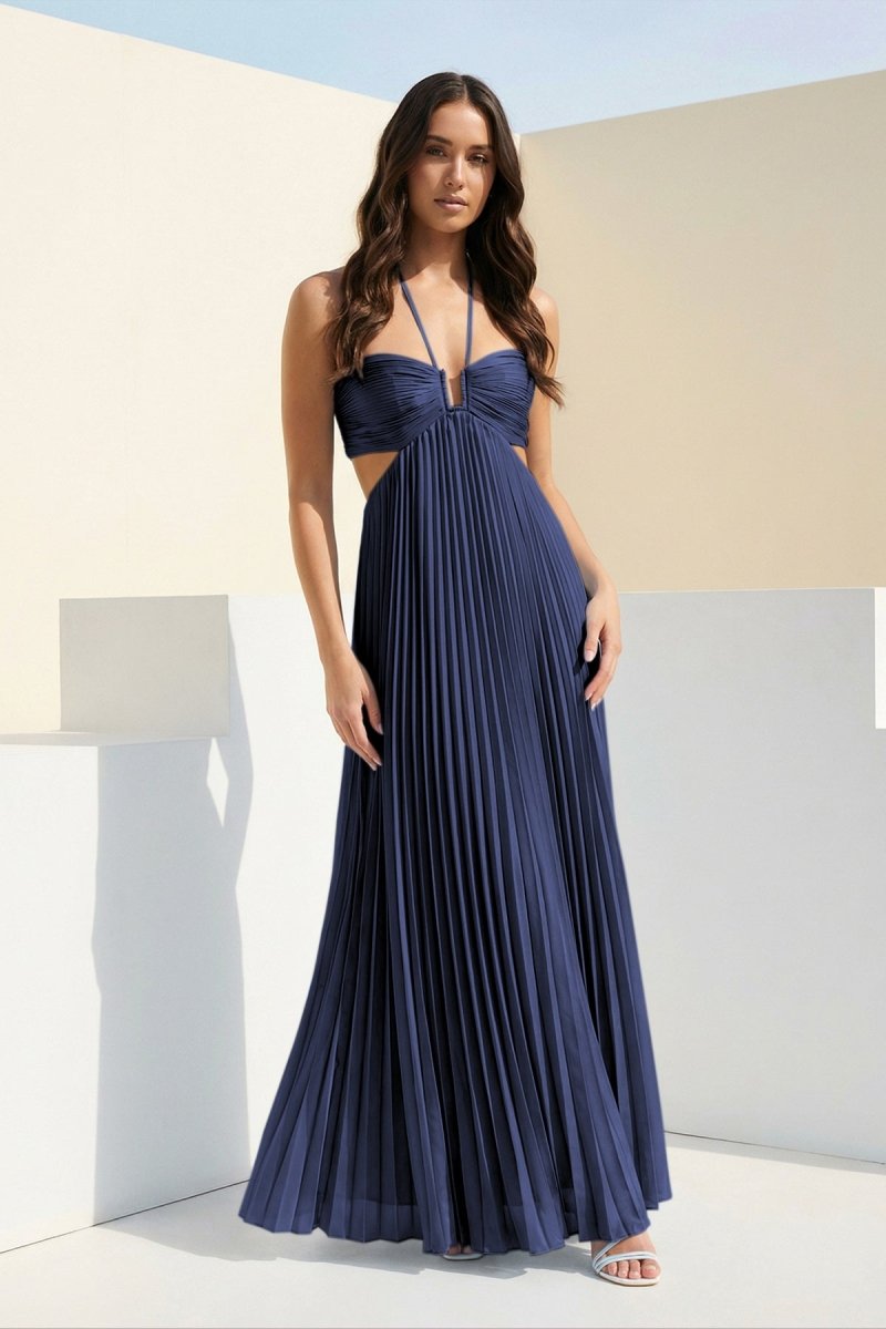 KissProm Blue Halter Pleated Satin A Line Prom Dresses With Cutout, Navy Blue / 0