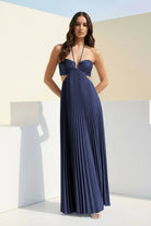 Sissone | Sky Blue - Halter Pleated Satin A Line Prom Dresses With Cutout - KissProm