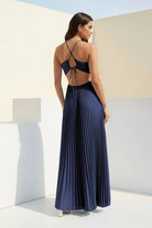 Sissone | Sky Blue - Halter Pleated Satin A Line Prom Dresses With Cutout - KissProm