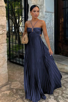 Sissone | Sky Blue - Halter Pleated Satin A Line Prom Dresses With Cutout - KissProm