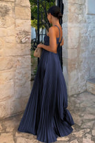 Sissone | Sky Blue - Halter Pleated Satin A Line Prom Dresses With Cutout - KissProm