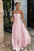 Sissone | Sky Blue - Halter Pleated Satin A Line Prom Dresses With Cutout - KissProm