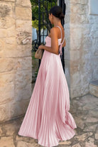 Sissone | Sky Blue - Halter Pleated Satin A Line Prom Dresses With Cutout - KissProm