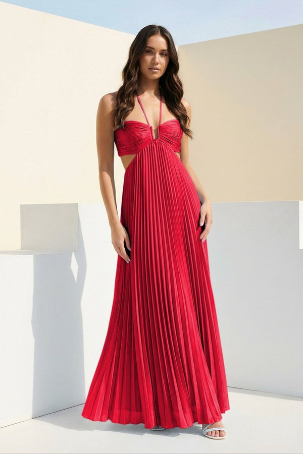 Sky Blue Halter Pleated Satin A Line Prom Dresses With Cutout – Prom Dress by KissProm | Available at KissProm