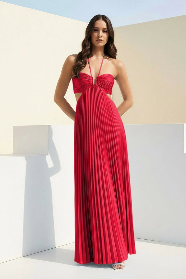 Sky Blue Halter Pleated Satin A Line Prom Dresses With Cutout – Prom Dress by KissProm | Available at KissProm