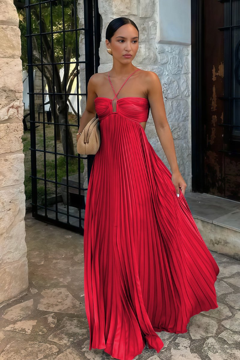 Sissone | Sky Blue - Halter Pleated Satin A Line Prom Dresses With Cutout - KissProm