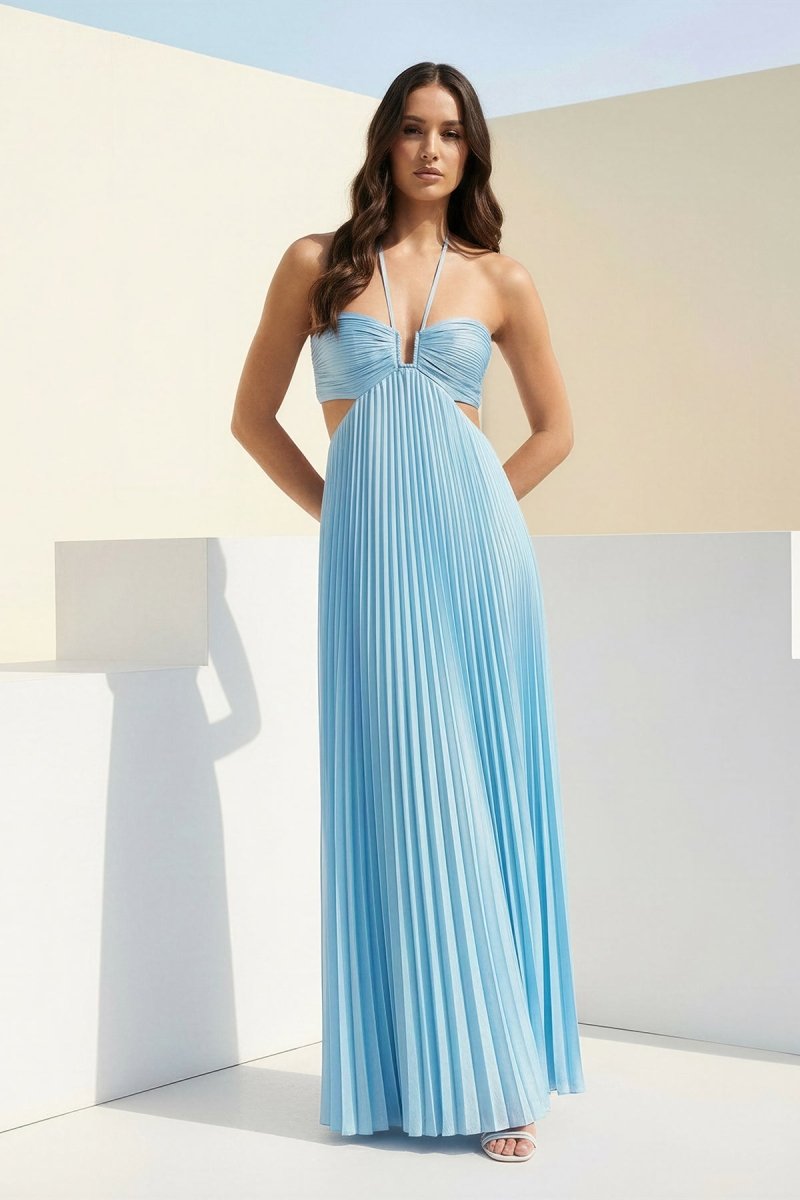 Sissone | Sky Blue - Halter Pleated Satin A Line Prom Dresses With Cutout - KissProm