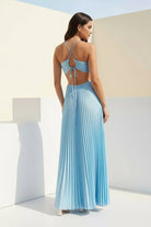 Sissone | Sky Blue - Halter Pleated Satin A Line Prom Dresses With Cutout - KissProm