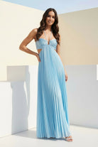 Sissone | Sky Blue - Halter Pleated Satin A Line Prom Dresses With Cutout - KissProm