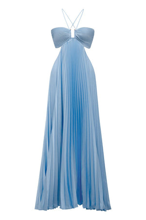 Sky Blue Halter Pleated Satin A Line Prom Dresses With Cutout – Prom Dress by KissProm | Available at KissProm