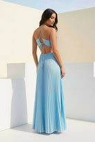 Sissone | Sky Blue - Halter Pleated Satin A Line Prom Dresses With Cutout - KissProm