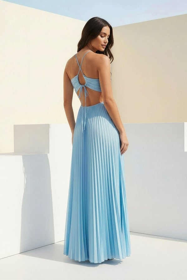 Sky Blue Halter Pleated Satin A Line Prom Dresses With Cutout Blue / 4 Sky Blue Halter Pleated Satin A Line Prom Dresses With Cutout Blue / 4