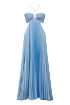 KissProm-Sissone Sky Blue Halter Pleated Satin A Line Prom Dresses With Cutout